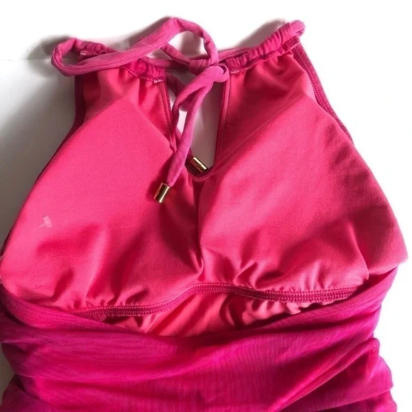 LAUREN Ralph Lauren Ombre Palm High Neck Ruched Halter Slimming Tankini Size 12 - Picture 11 of 16